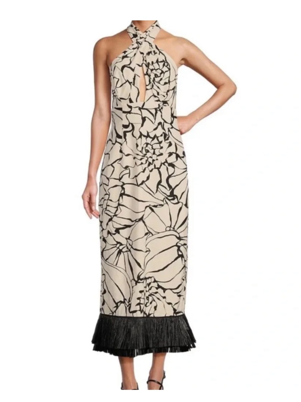 Antonio Melani x M.G. Style Sommers Halter Linen Shell Print Fringe Dress Sz 8 - Picture 4 of 6